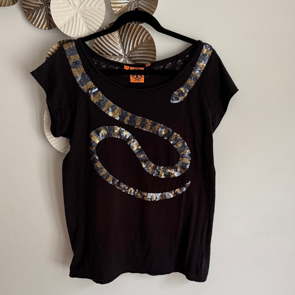 Tory Burch Sequin Snake Graphic Tee - Black size l